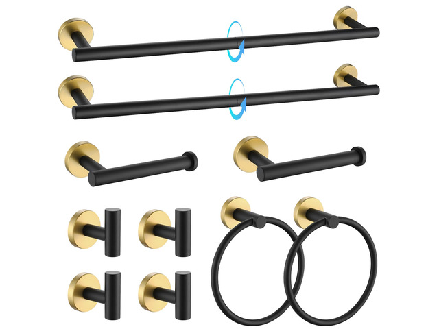 Black and Gold Bathroom Hardware Accessories Set 10-Pieces, Premium SUS304 Stainless Steel Bathroom Towel Bar Holder Set 23.6 Inch Round Towel...