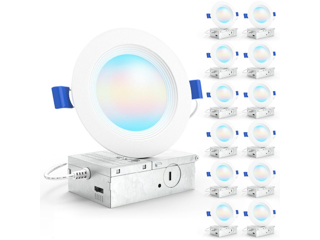 12 Pack 4 Inch Slim Canless LED Recessed Lights, 10W 5CCT, Dimmable 850LM, Selectable CCT 2700K/3000K/4000K/5000K/6000K, Baffle Trim, Junction Box,...
