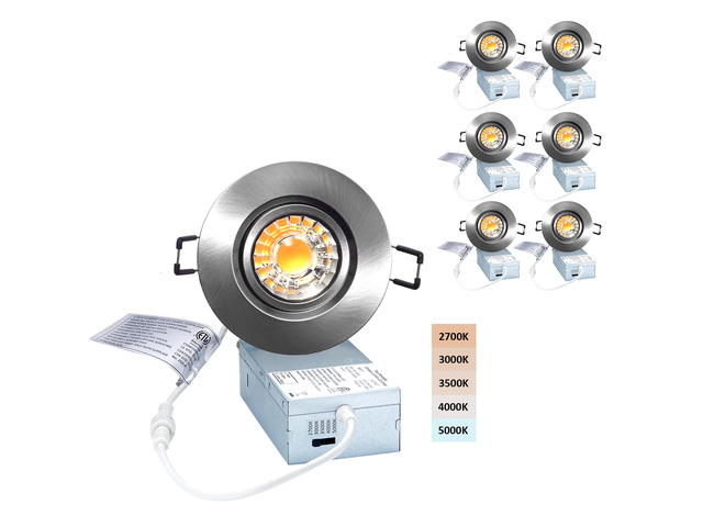 3 Inch Gimbal LED Recessed Light 6 Pack,Adjustable Downlight, Nickel 360°Rotatable,Die-cast Aluminum,8W 851LM,Premium Canless Spotlight,5CCT...
