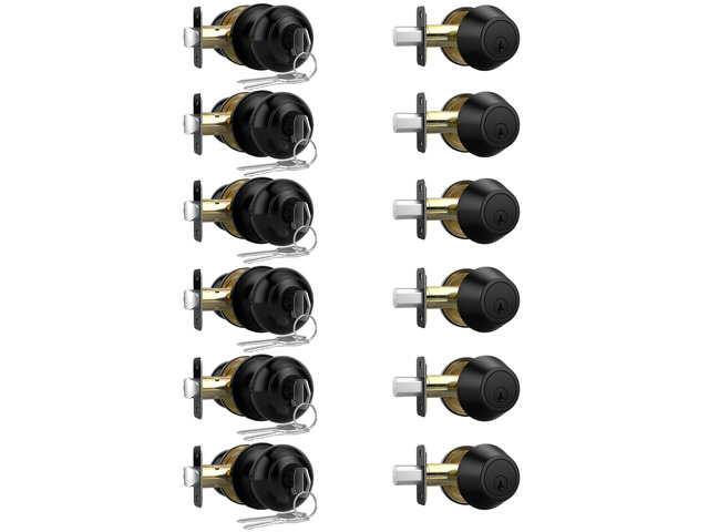 6 Pack Exterior Door Knob with Lock, Keyed Entry Front Door Lock Set Keyed Alike Entry Door Knob with Single Cylinder Deadbolt Lock Set, Matte...
