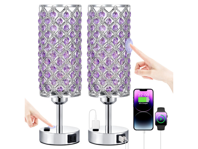 Crystal Lamps Set of 2, 3 Way Dimmable Touch Lamp with Crystal Shade, Bedside Nightstand Lamps for Living Room Bedroom Home Office(Purple)