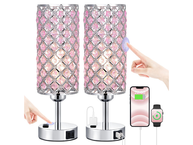 Pink Crystal Lamp Set of 2, 3 Way Dimmable Touch Lamp for Bedroom with Crystal Shade, Bedside Nightstand Lamps for Living Room Bedroom Home Office
