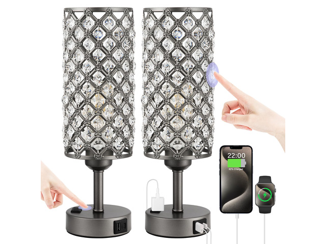 Gray Crystal Lamp Touch Control Set of 2, Crystal Table Lamps with USB C+A Ports & AC Outlet, 3-Way Dimmable Nightstand Touch Lamp, Modern Bedside...