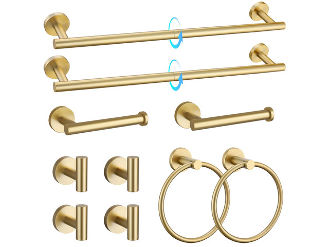 Brushed Gold Bathroom Hardware Accessories Set 10-Pieces, Premium SUS304 Stainless Steel Bathroom Towel Bar Holder Set 23.6 Inch Round Towel Racks...