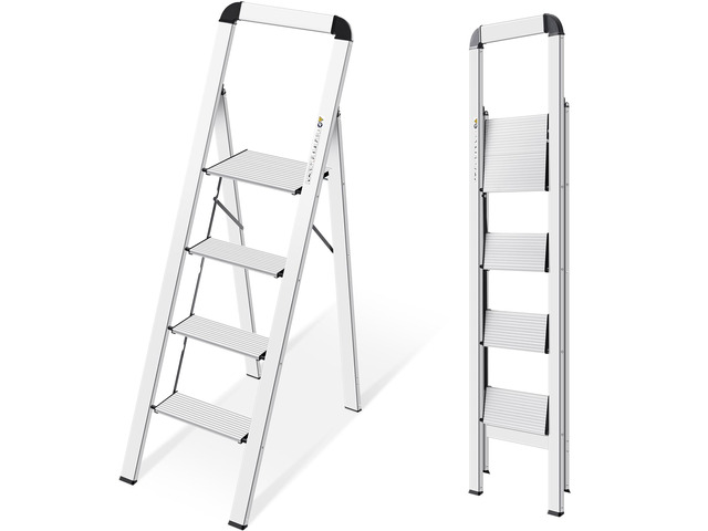 Aluminium 4 Step Ladder, Lightweight Step Stool with Non-Slip Pedals, Handrail, Foldable Step Ladder for Kitchen, Garage, Home, Space Saving,...