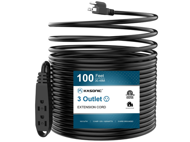 100 FT 3 Outlet Extension Cord, 16/3 SJTW Grounded Cord, Black