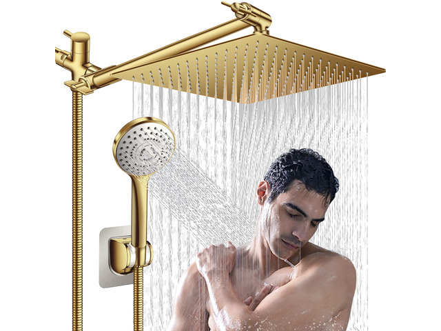 Shower Head,12'' Rain Shower Head with 11'' Extension Arm,Brushed Gold 5 Settings High Pressure Handheld Shower Head Combo,Adjustable Powerful...