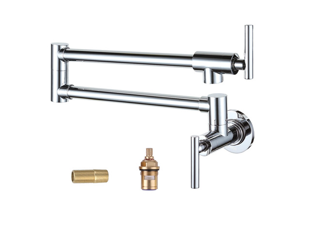 Chrome Pot Filler Faucet - Solid Brass Pot Filler Wall-Mounted Pasta Faucet with Double Joint Swing Arm for Kitchen Over Stove