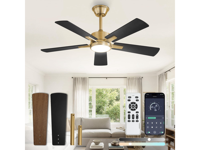 42 Inch Black and Gold Ceiling Fan with Light, Remote & APP Stepless CCT & Dimmable, 20W LED, 6-Speed, Timer, Reversible Quiet DC Motor, Quick...
