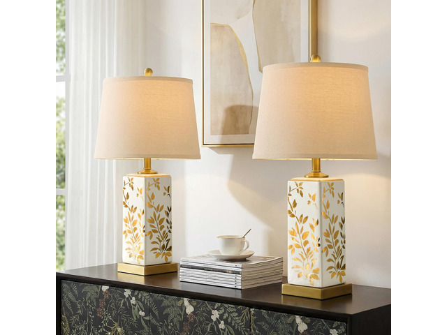 24' Chinoiserie Lamps Set of 2, Ceramic Table Lamps for Bedside Mid Century Modern Bedroom Lamps, Vintage Reflective Gold Leaf Pattern Home Decor...
