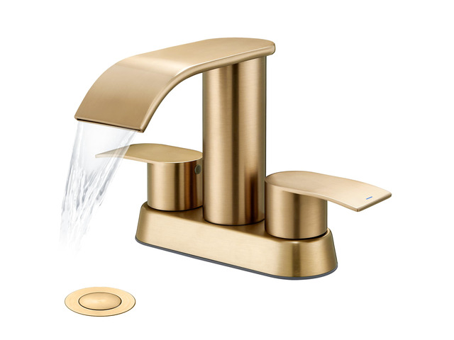 Waterfall Bathroom Faucet for Sink Champagne Bronze 4 Inch Bathroom Faucet for 3 Hole or 2 Hole, 2 Handle Waterfall Faucets with Pop up Drain,...