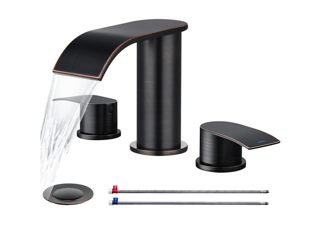 8 inch Bathroom Faucet Oil Rubbed Bronze, Waterfall Bathroom Sink Faucet with Metal Pop-up Drain Stopper and 2 Supply Hoses,2 Handle Widespread...