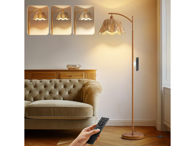 Boho Floor Lamp for Living Room with Remote & Dimmable Bulb, Farmhouse Floor Lamps with 3 Color Temperatures, Rattan Floor Lamp for Bedroom, Walnut