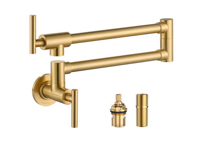 Brushed Gold Pot Filler Faucet - 304 Stainless Steel Pot Filler Over Stove, Wall Mounted Kitchen Folding Faucet with Double Joint Swing Arms
