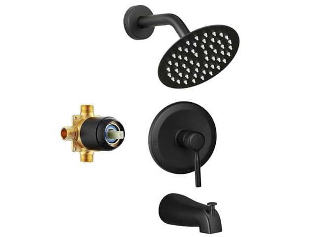 Tub Shower Faucet Set Valve Included with 8-Inch Rain Shower Head and Tub Spout Single-Handle Tub and Shower Trim Kit Matte Black