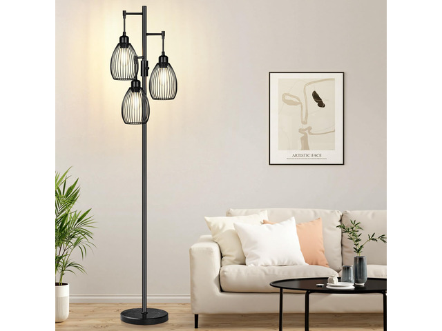Dimmable Floor Lamp,3x800LM LED Bulbs Included, Farmhouse Industrial Floor Lamp Standing Tree Lamp with Teardrop Cage Head Tall Lamp for Living...