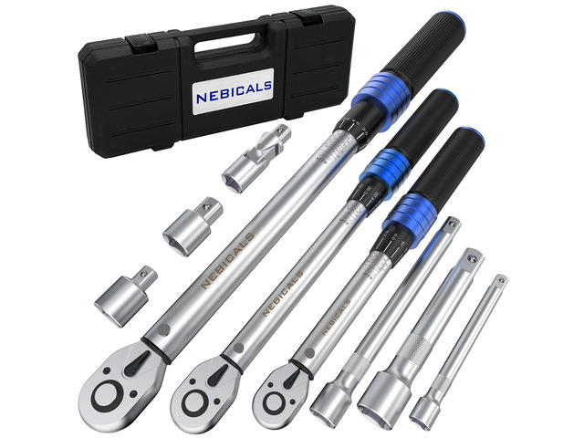 9PCS Torque Wrench Set 1/4 20-220 Inlb,3/8 5-45 &1/2 10-170 Ftlb,6 extension bar & adapter,±3% Accuracy,72 T,Dual Scale,Chrome plated, anti-rust,not...