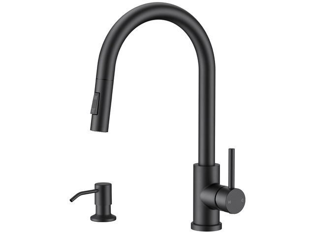 Pull Down Kitchen Faucet with Soap Dispenser, Matte Black Lead-Free, Stainless Steel, Single Handle, 1 Hole Sink Faucet with Deck Plate, Fit for RV...