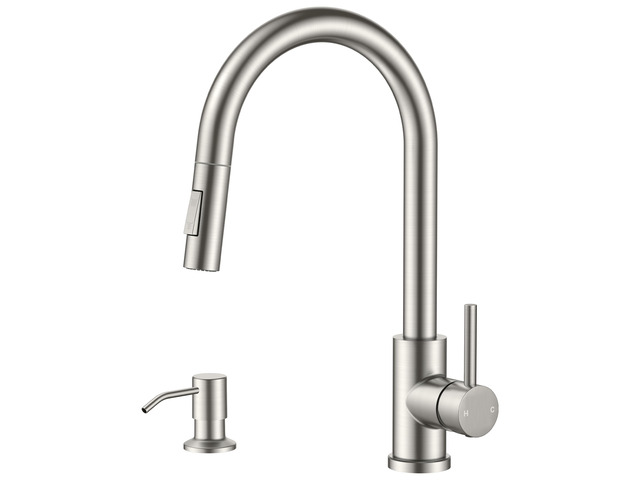 Pull Down Kitchen Faucet with Soap Dispenser, Stainless Steel Lead-Free, Brushed Nickel, Single Handle, 1 Hole Sink Faucet with Deck Plate, Fit for...