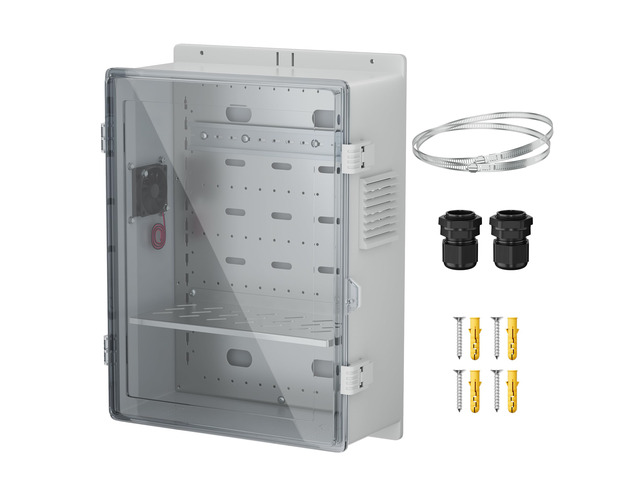 Outdoor Enclosure Box 18.1x12.6x6.4 White Waterproof ABS Weatherproof WiFi Enclosure with Transparent Cover, 12V Fan, DIN Rail & Wall/Pole Mounting