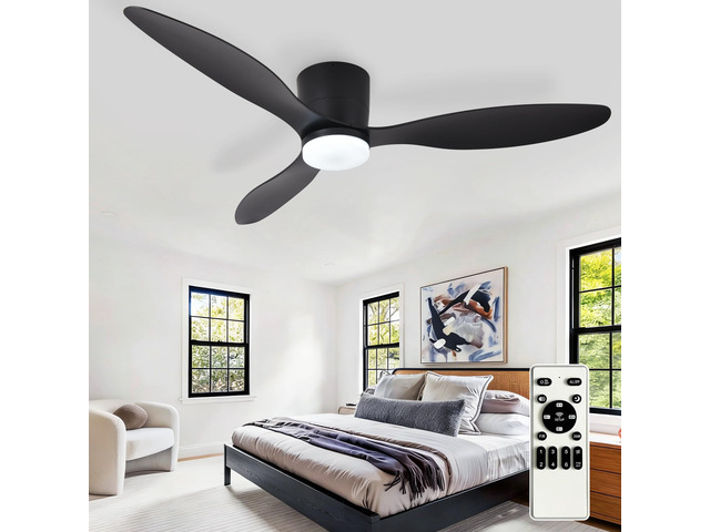 Flush Mount Ceiling Fan: 52-Inch Black Ceiling Fans with Lights for Bedroom Indoor Outdoor - Low Profile Ceiling Fans with Remote Control 24W 3CCT...