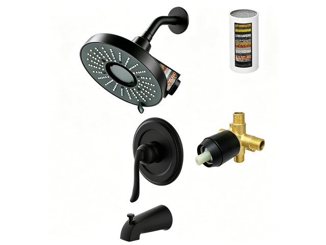 Tub Shower Faucet Set Valve Included with 6-Inch filter Rain Shower Head and Tub Spout Single-Handle Tub and Shower Trim Kit Matte Black