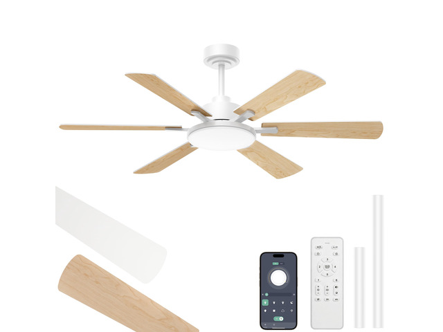52'' Downrod Mount Ceiling Fans with Lights for Living Room, White 6 Blades, 6 Speeds, MAX 5600 CFM, Remote & APP Control, 3CCT Dimmable LED, All...