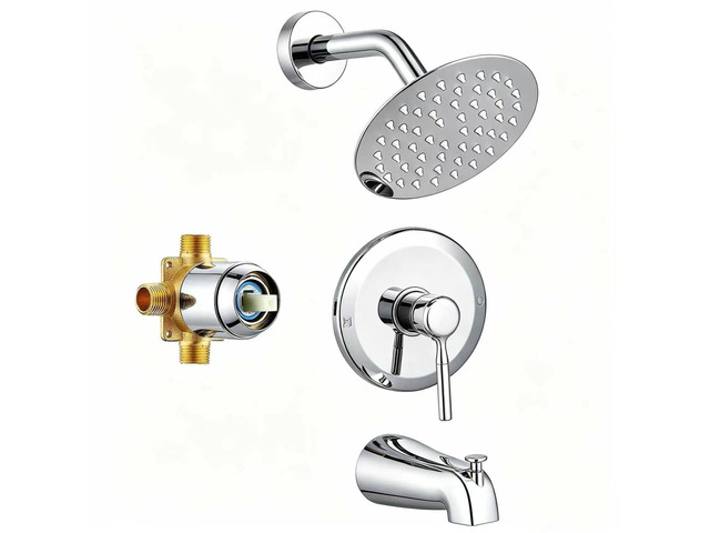 Tub Shower Faucet Set Valve Included with 6-Inch Rain Shower Head and Tub Spout Single-Handle Tub and Shower Trim Kit Chrome for Bathroom Remodels ...