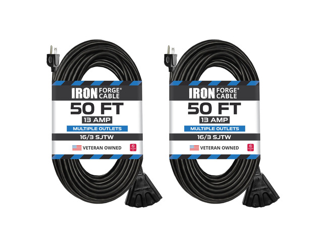 16 Gauge Black Extension Cord Multi Outlet, 50 Ft - SJTW 16/3 SJTW Cable, 2 Pack, 3 Grounded Outlets, Lighted End, 3 Prong Plug, 13 Amp - For...