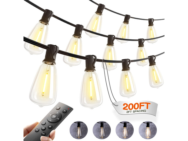 200FT(50*4) Outdoor String Lights with Remote LED Edison Waterproof 108 Plastic ST38 Shatterproof Bulb, Extra Long Lighting, Hanging for Patio...
