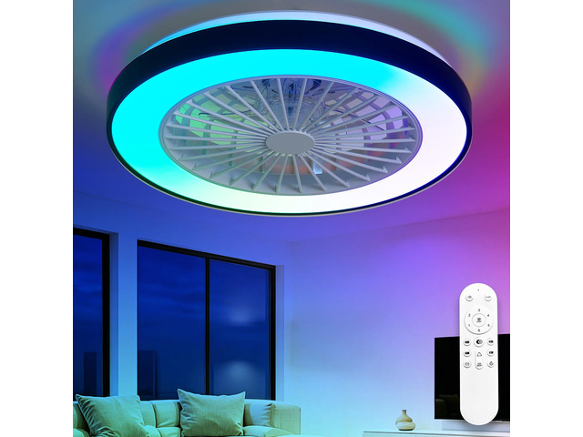 RGB Ceiling Fan with Light: 19' Enclosed Low Profile Flush Mount LED Ceiling Fans with Remote Control - Modern Black Bladeless Fandelier Dimmable...