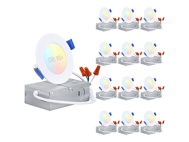 12-Pack 5CCT 3 Inch Ultra-Thin LED Recessed Light, CRI90 6W Aluminum, 5%-100% Dimmable, ETL & ES & FCC & IC, Slim LED Downlight with Junction Box,...