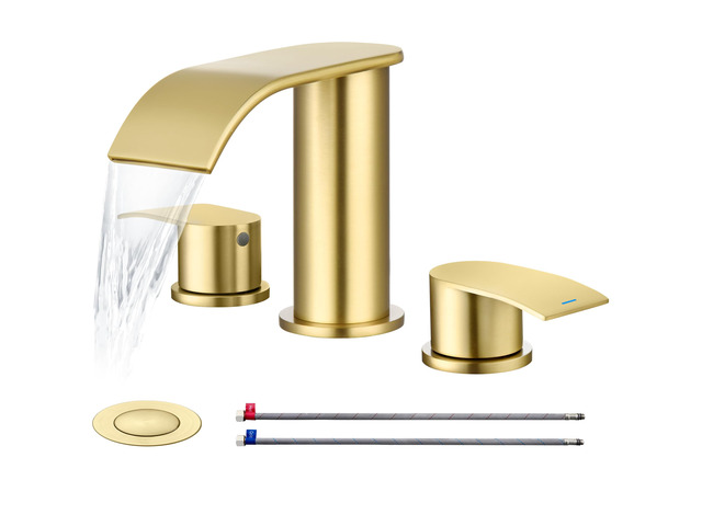 8 inch Bathroom Faucet Brushed Gold, Waterfall Bathroom Faucet with Metal Pop-up Sink Drain Stopper and 2 Supply Hoses,2 Handle Widespread Faucets...