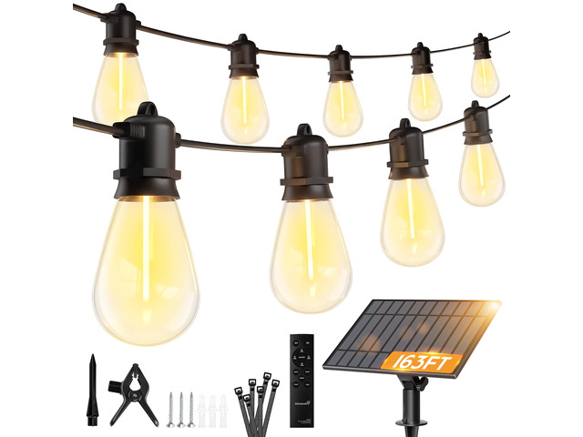 163FT Solar String Lights Outdoor Waterproof,S14 Patio Lights 52 LED Shatterproof Bulb, Remote Type-C Port Timable, 3 Light Modes Dimmable Solar...