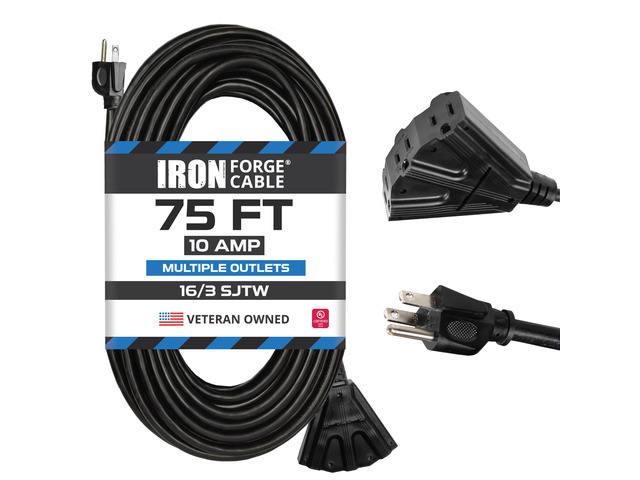16 Gauge Black Extension Cord Multi Outlet, 75 Ft - SJTW 16/3 SJTW Cable, 3 Grounded Outlets, Lighted End, 3 Prong Plug, 13 Amp - For Landscaping,...
