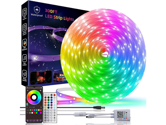 300ft Outdoor Led Strip Lights Waterproof, Trimmable Led Strip Lights Music Sync, RGB IP65 Waterproof Outside Led Lights Strip With Remote & App,...