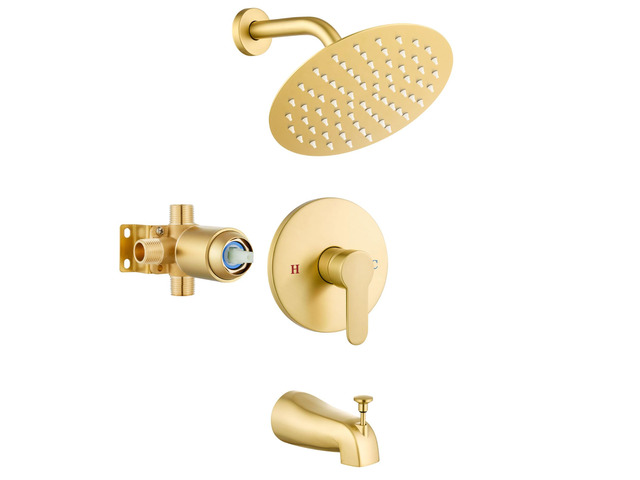 Shower Faucet Set with Tub Spout,8' Bathtub Faucet-Brushed Gold Male Threads Rough-In Valve,Round Head Shower System,Tub and Shower Kit Set