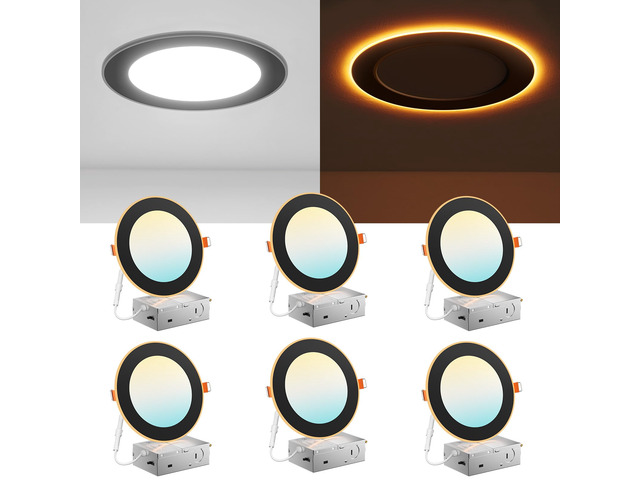 6 Pack 6 Inch Black 5CCT LED Recessed Ceiling Light with Night Light 1100 Lumens, 12W Low Power, 5%-100% Smooth Dimming, ETL & FCC Listed, Canless...