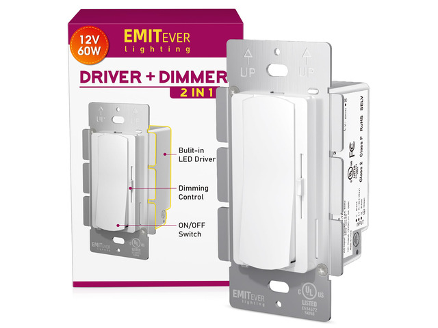 Dimmer Light Switch & 12V 60W Dimmable LED Driver 2 in UL Listed Single-Pole or 3-Way Slide Switches for Led Strip Lights,120VAC to 12VDC Power...