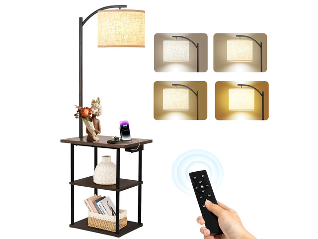 Floor Lamp with Table & Remote, End Table with Charging Station USB, Type-C & AC Outlet; 4 Color Temperatures 9W LED Bulb, 5%-100% Dimming, Memory,...