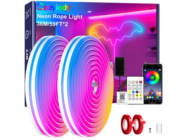 RGB Neon Light LED Rope Light (120 ft) Waterproof Bluetooth APP Remote Control Music Sync Strip Light,24V Flexible DIY Silicone Light for Indoor...