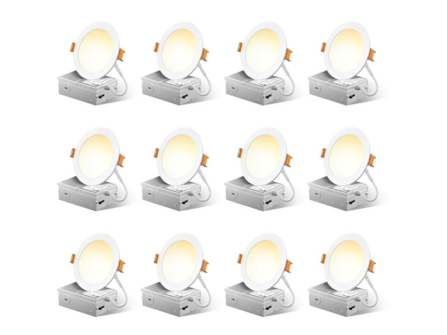 12 Pack 4 Inch LED Recessed Light with Junction Box, 5CCT, 700LM 10W, 2700K-5000K Selectable, 5%-100% Dimmable, 120V, White, Ultra-Thin Canless...