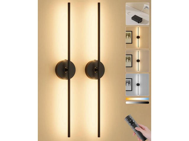 Battery Operated Wall Sconces Set of 2, Remote Control, 8000mAh, Black Wireless Rechargeable 3000-6000K Dimmable 350° Rotate Wall Light for Living...