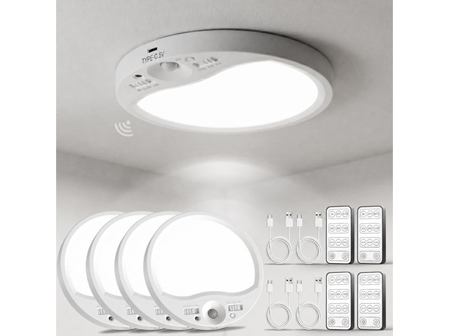 Rechargeable Motion Sensor Ceiling Light Indoor with Remote, 4 Pack Wireless LED Shower Light, 8000mAh Battery Long Lasting Closet Light, 3 Color...