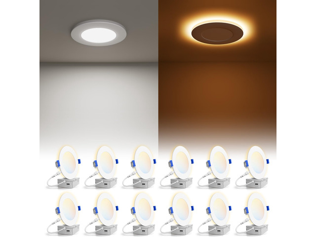 12 Pack 3 Inch 5CCT Recessed Light with Night Light, 500LM Canless LED Recessed Lighting 3 inch, 2700K-5000K Selectable, Dimmable Recessed Ceiling...