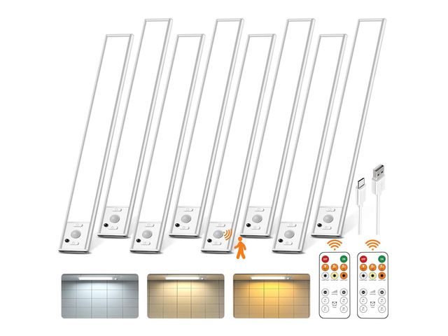 8 Pack Under Cabinet Lighting Rechargeable 12 Motion Sensor Light Indoor 2500mAh Closet Lights Wireless, 3 Color Temps & Dimmable, Timer, Magnetic...