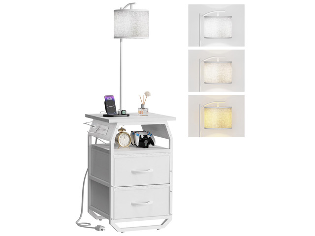 Floor Lamp with Table, End Table with Light and Charging, White 3-Color Temperature Bulb, Type C USB Ports & Power Outlets, 2 Fabric Drawers, Lamp...