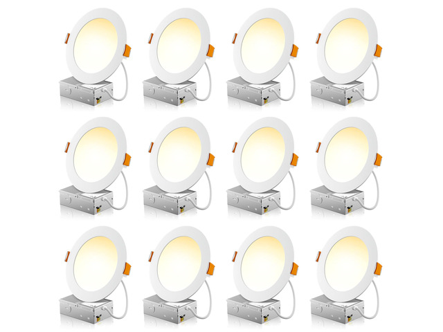 12 Pack 6 Inch LED Recessed Light with Junction Box, 5CCT, 1050LM 12W, 2700K-5000K Selectable, 5%-100% Dimmable, 120V, White, Ultra-Thin Canless...