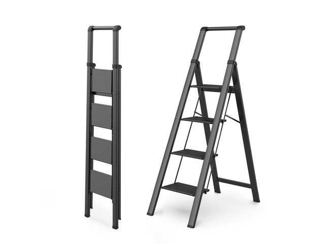 4 Step Ladders for Home, 300lbs Load, 37'' Top Step, Black 9ft Reach; For Closets, Kitchens; Anti-Slip Feet Suit Wood, Tile, Carpet; Rigid Aluminum...