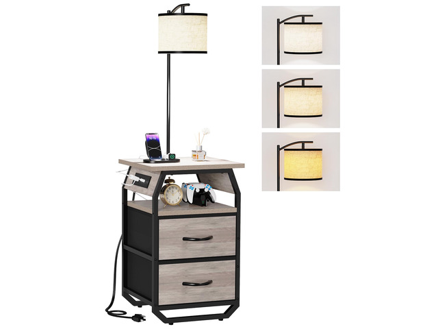 Floor Lamp with Table, End Table with Light and Charging, Greige 3-Color Temperature Bulb, Type C USB Ports & Power Outlets, 2 Fabric Drawers, Lamp...